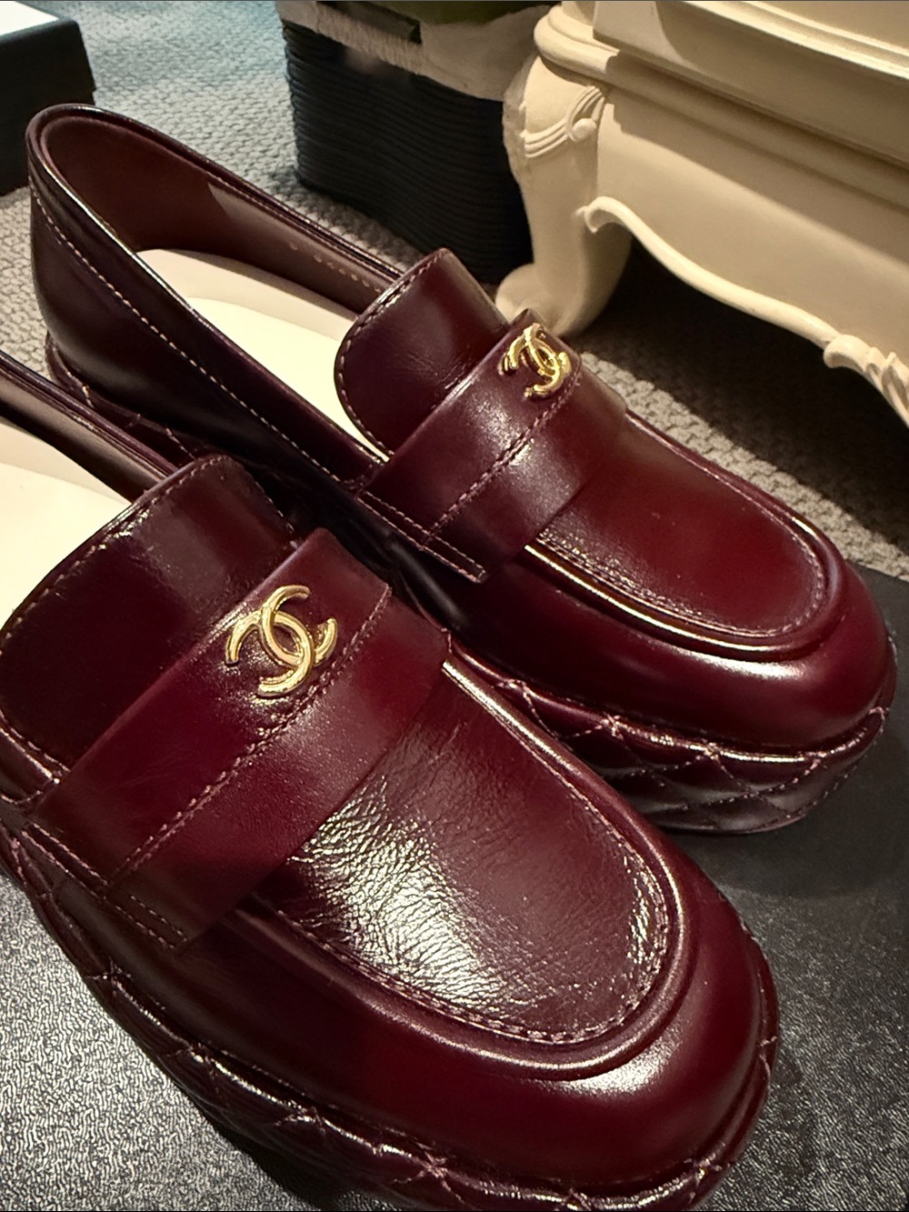 CHANEL woman’s Deep Wine Leather Loafers with Gold CC Hardware - Picture 3 of 8